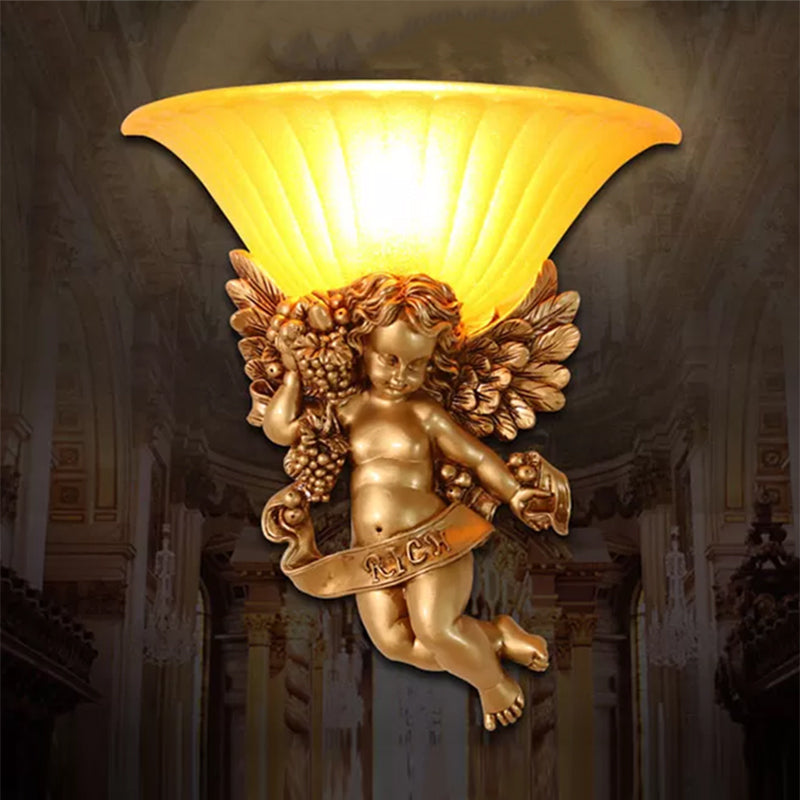 Gold Resin Angel Wall Sconce With Frosted Glass Shade - Perfect For Rural Bedroom / A