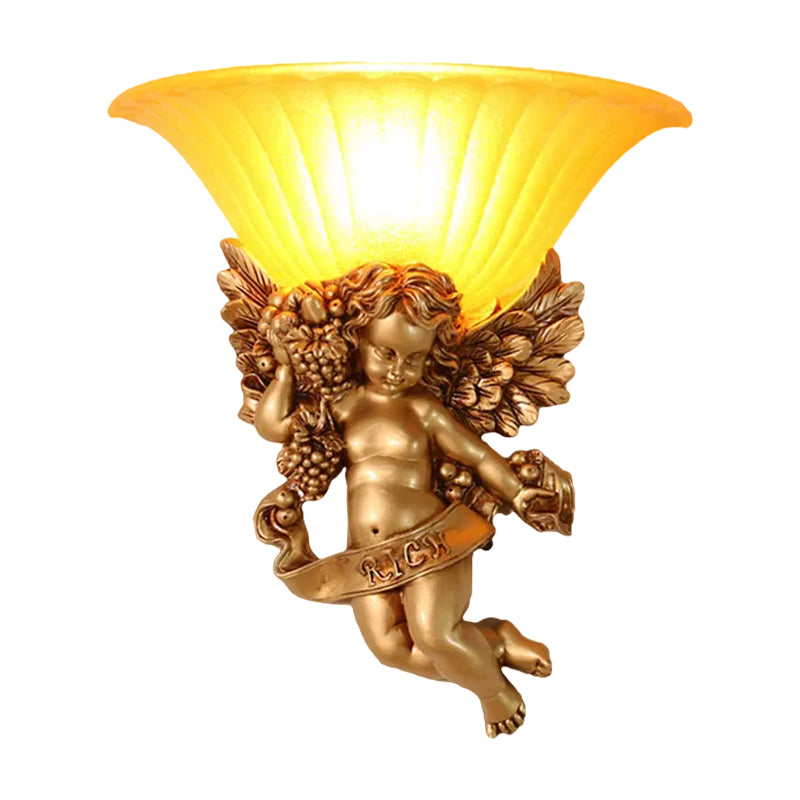 Gold Resin Angel Wall Sconce With Frosted Glass Shade - Perfect For Rural Bedroom