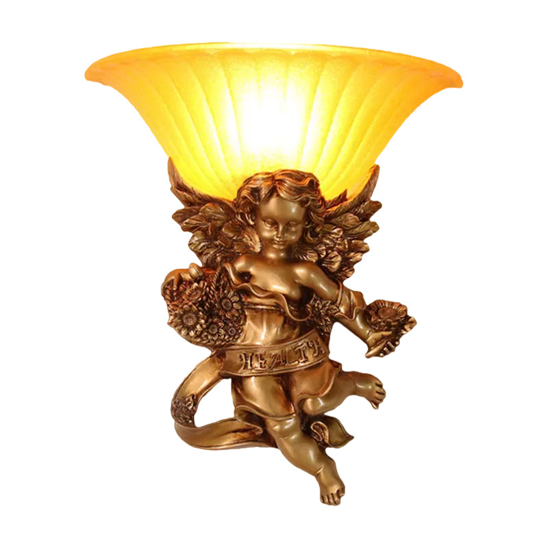 Gold Resin Angel Wall Sconce With Frosted Glass Shade - Perfect For Rural Bedroom