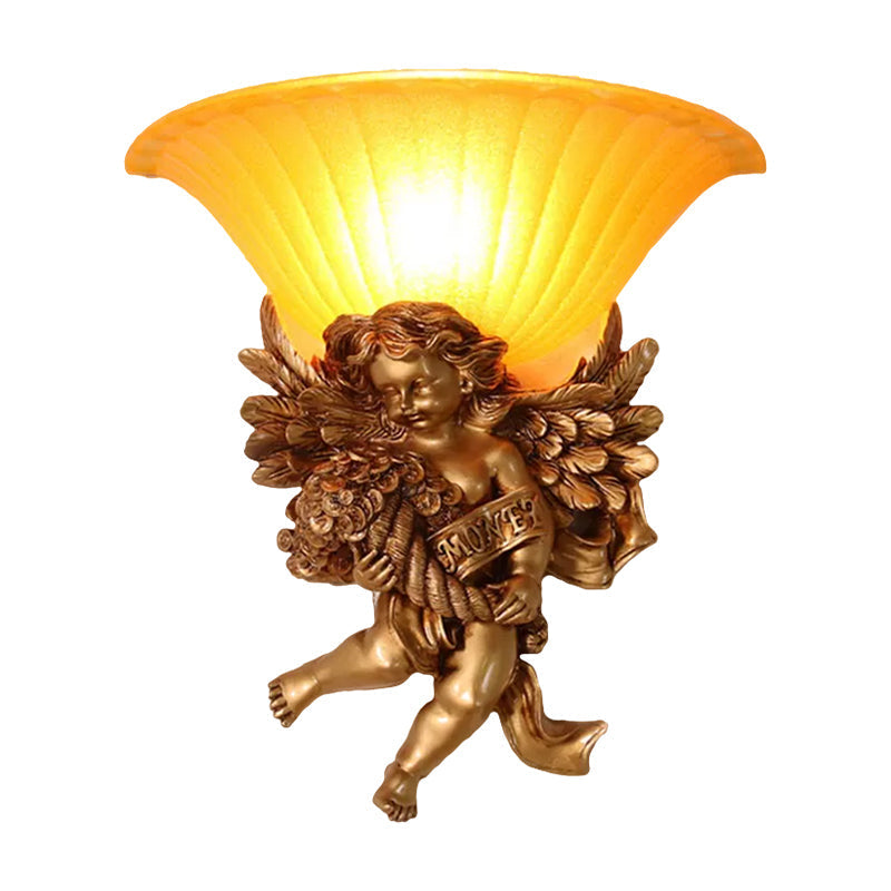 Gold Resin Angel Wall Sconce With Frosted Glass Shade - Perfect For Rural Bedroom