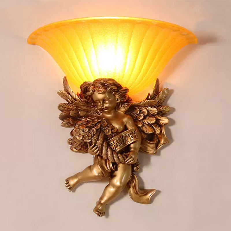 Gold Resin Angel Wall Sconce With Frosted Glass Shade - Perfect For Rural Bedroom