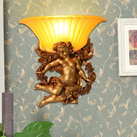 Gold Resin Angel Wall Sconce With Frosted Glass Shade - Perfect For Rural Bedroom