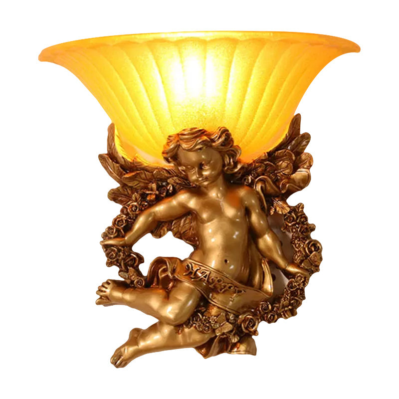 Gold Resin Angel Wall Sconce With Frosted Glass Shade - Perfect For Rural Bedroom