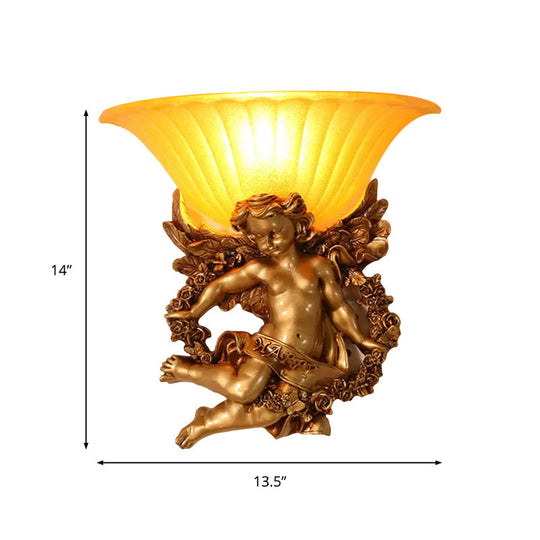 Gold Resin Angel Wall Sconce With Frosted Glass Shade - Perfect For Rural Bedroom