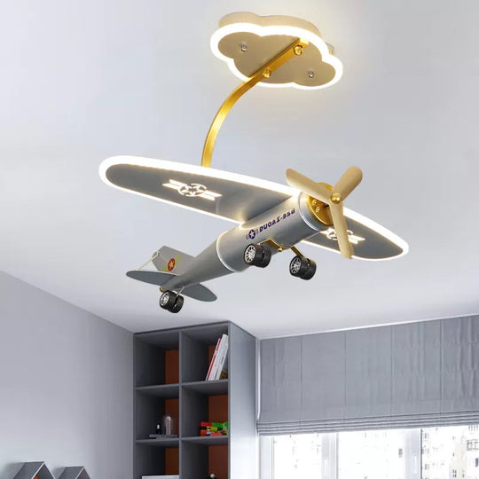 Cartoon Plane Silver Led Flush Mount With Cloud Canopy For Kids Bedroom