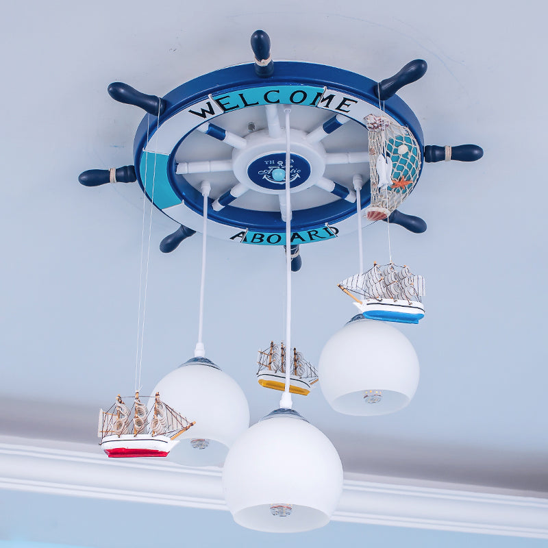 Globe Down Lighting Nautical Opaque Glass 3 Heads Nursery Multiple Lamp Pendant with Rudder Canopy in White