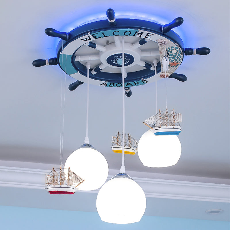 Nautical Glass Pendant Light with 3 Opaque Globe Shades, Nursery Lamp in White