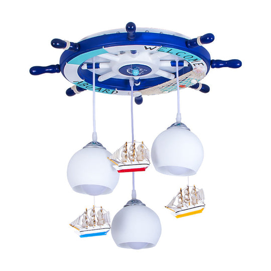 Globe Down Lighting Nautical Opaque Glass 3 Heads Nursery Multiple Lamp Pendant with Rudder Canopy in White