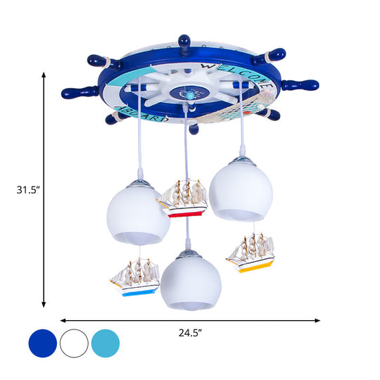 Globe Down Lighting Nautical Opaque Glass 3 Heads Nursery Multiple Lamp Pendant with Rudder Canopy in White