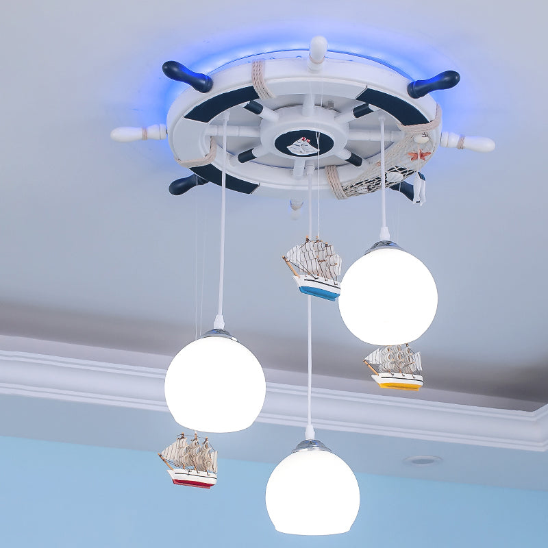 Nautical Glass Pendant Light with 3 Opaque Globe Shades, Nursery Lamp in White