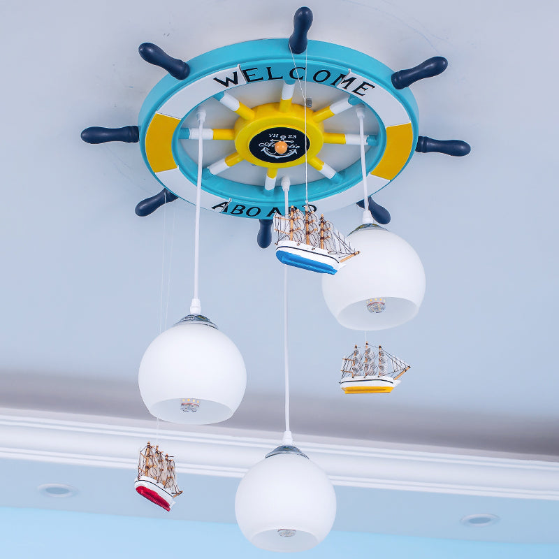 Nautical Glass Pendant Light with 3 Opaque Globe Shades, Nursery Lamp in White