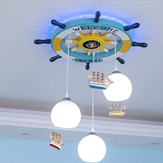 Globe Down Lighting Nautical Opaque Glass 3 Heads Nursery Multiple Lamp Pendant with Rudder Canopy in White