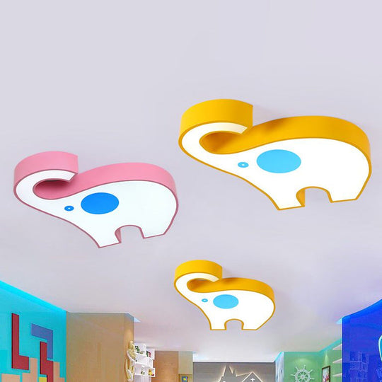 Elephant Kindergarten LED Flush Mount Lamp - Pink/Yellow Kids Ceiling Light Fixture