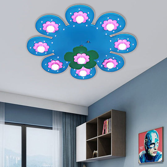 9-Light Flower Flush Mount Kids Wood Ceiling Lamp for Nursing Room and Girl's Bedroom