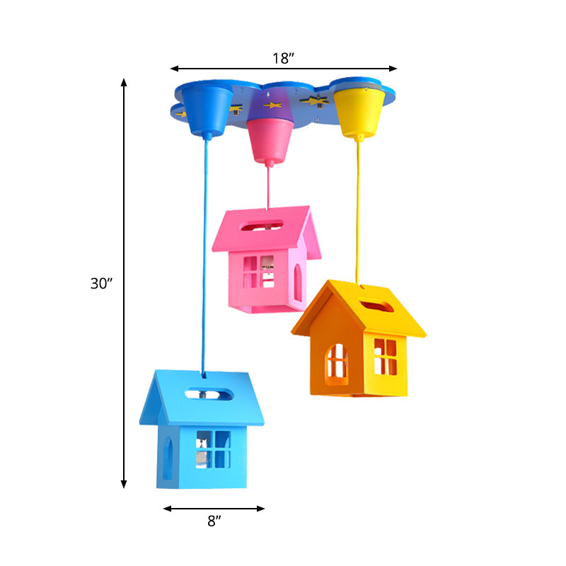 Kids Houselet Playroom Multi-Pendant Wood Ceiling Lamp - 3 Bulbs Blue-Pink-Yellow