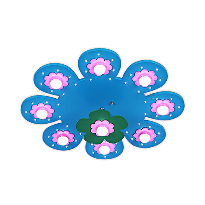 9-Light Flower Flush Mount Kids Wood Ceiling Lamp for Nursing Room and Girl's Bedroom