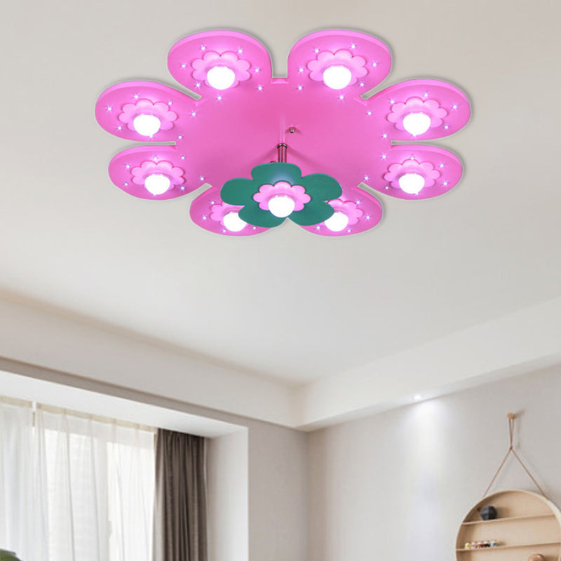 9-Light Flower Flush Mount Kids Wood Ceiling Lamp for Nursing Room and Girl's Bedroom