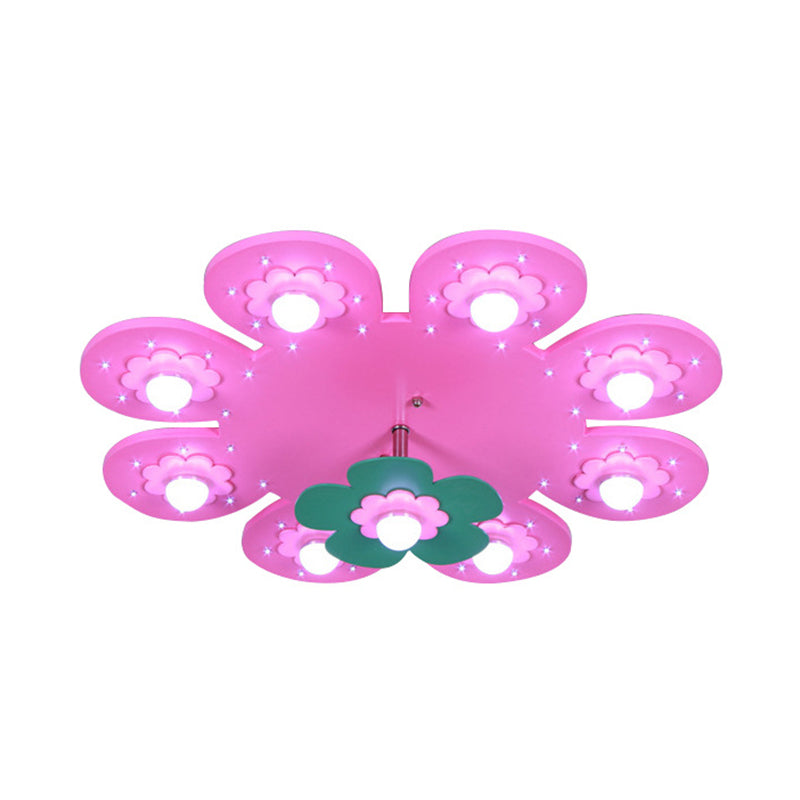 9-Light Flower Flush Mount Kids Wood Ceiling Lamp for Nursing Room and Girl's Bedroom