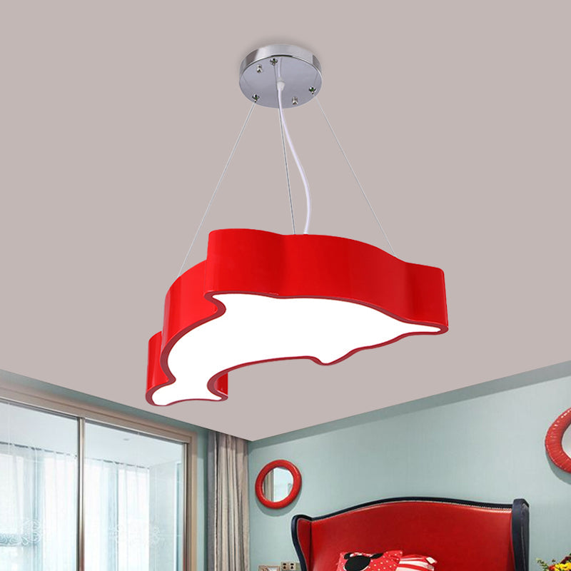 Minimalist Acrylic Dolphin Pendant Chandelier - Blue/Green/Yellow Led Ceiling Lamp For Playroom Red