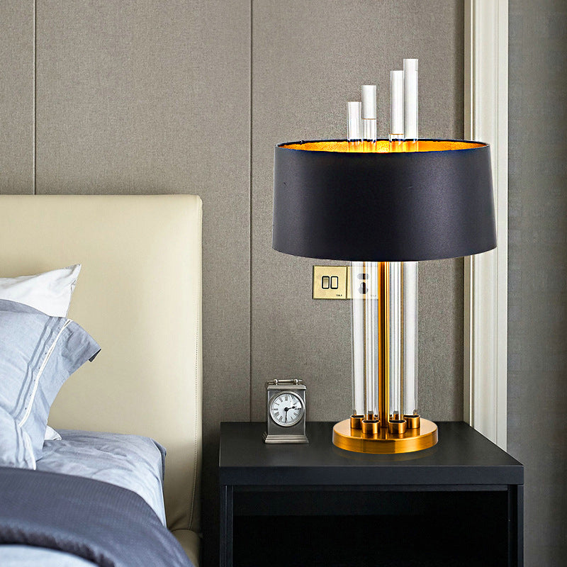 Black Fabric Table Light - Traditional Nightstand Lighting With Clear Glass Column Base