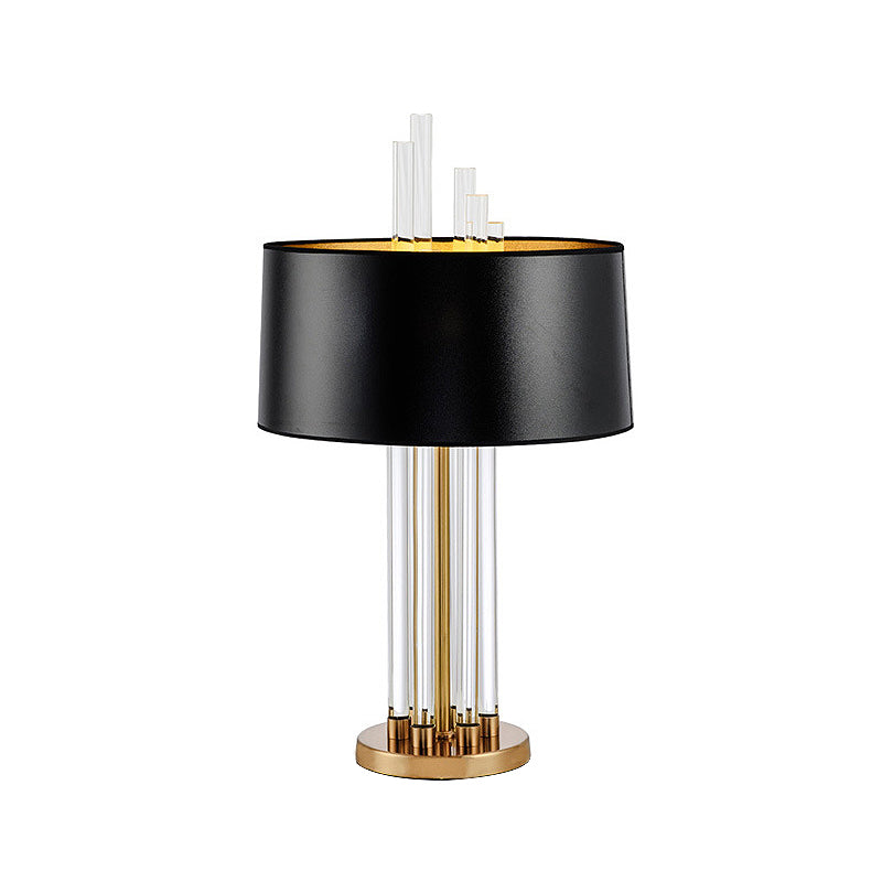 Black Fabric Table Light - Traditional Nightstand Lighting With Clear Glass Column Base