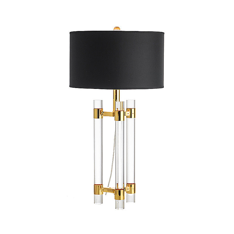 Countryside 1-Light Black Drum Fabric Table Lamp With Crystal Rod - Perfect For Bedroom Night