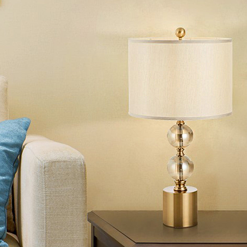 Classic Crystal Nightstand Lamp With Fabric Shade In Brass - Ideal For Bedroom Lighting