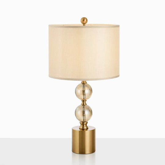 Classic Crystal Nightstand Lamp With Fabric Shade In Brass - Ideal For Bedroom Lighting