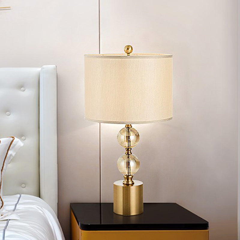 Classic Crystal Nightstand Lamp With Fabric Shade In Brass - Ideal For Bedroom Lighting