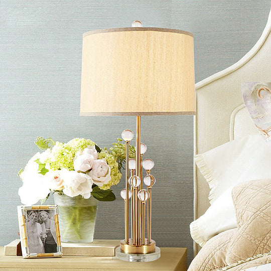 Traditional Gold Nightstand Lamp With Crystal Ball Deco Fabric Drum Shade Bedroom Lighting