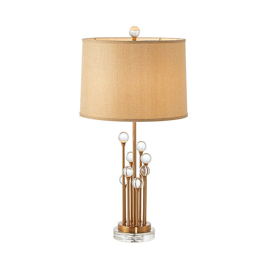 Traditional Gold Nightstand Lamp With Crystal Ball Deco Fabric Drum Shade Bedroom Lighting