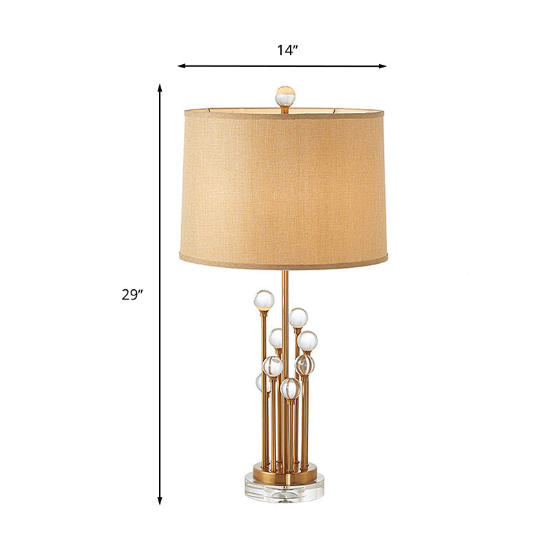 Traditional Gold Nightstand Lamp With Crystal Ball Deco Fabric Drum Shade Bedroom Lighting