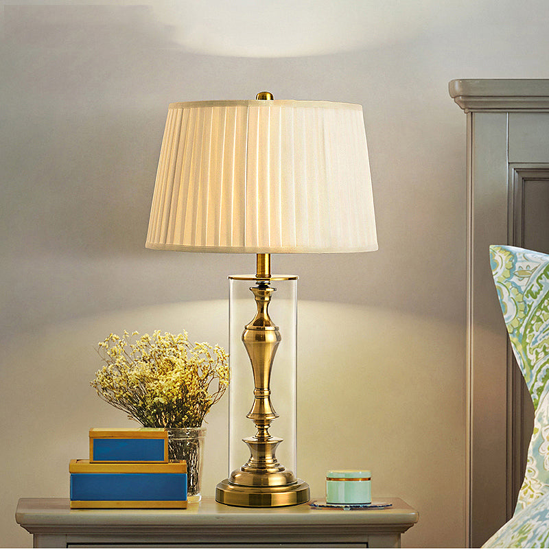 Amaya - Gold Gold 1 Light Night Table Light Countryside Fabric Empire Shade Nightstand Lamp with Metal Candlestick Base