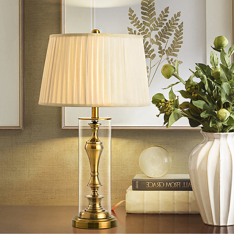 Gold 1-Light Night Table Lamp With Countryside Fabric Shade And Metal Candlestick Base