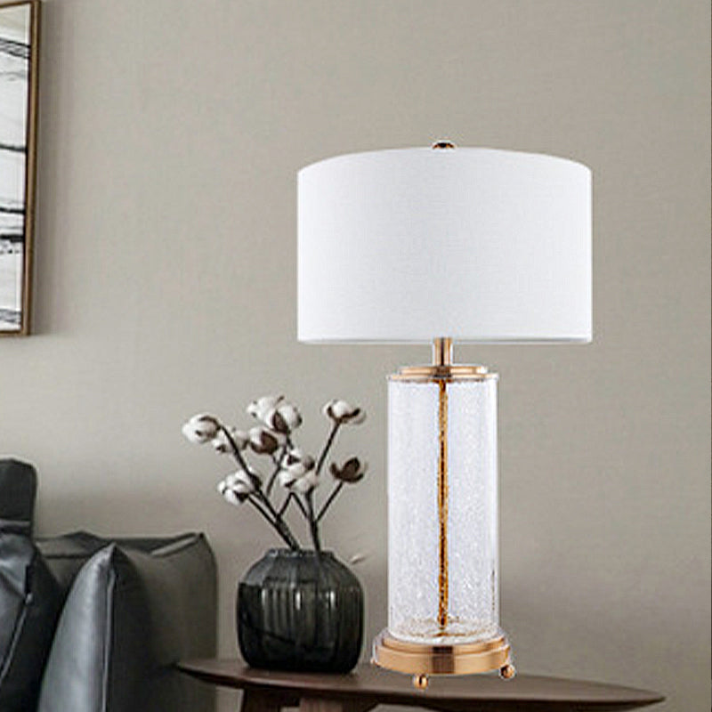 Classic White Fabric 1-Light Night Table Lamp With Clear Crackle Glass Cylinder Base