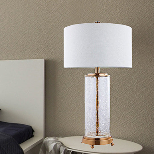 Classic White Fabric 1-Light Night Table Lamp With Clear Crackle Glass Cylinder Base