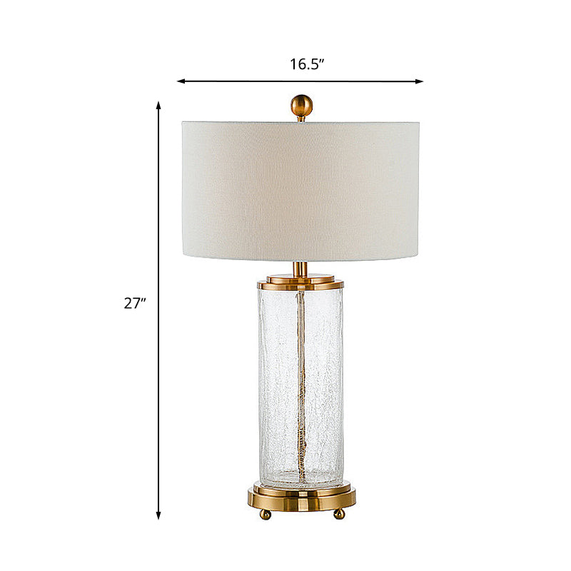 Classic White Fabric 1-Light Night Table Lamp With Clear Crackle Glass Cylinder Base