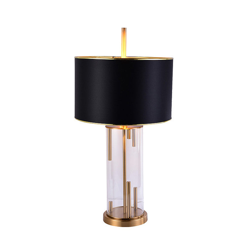 Ludovica - Lampe de chevet en tissu noir avec base en verre transparent - Tambour traditionnel