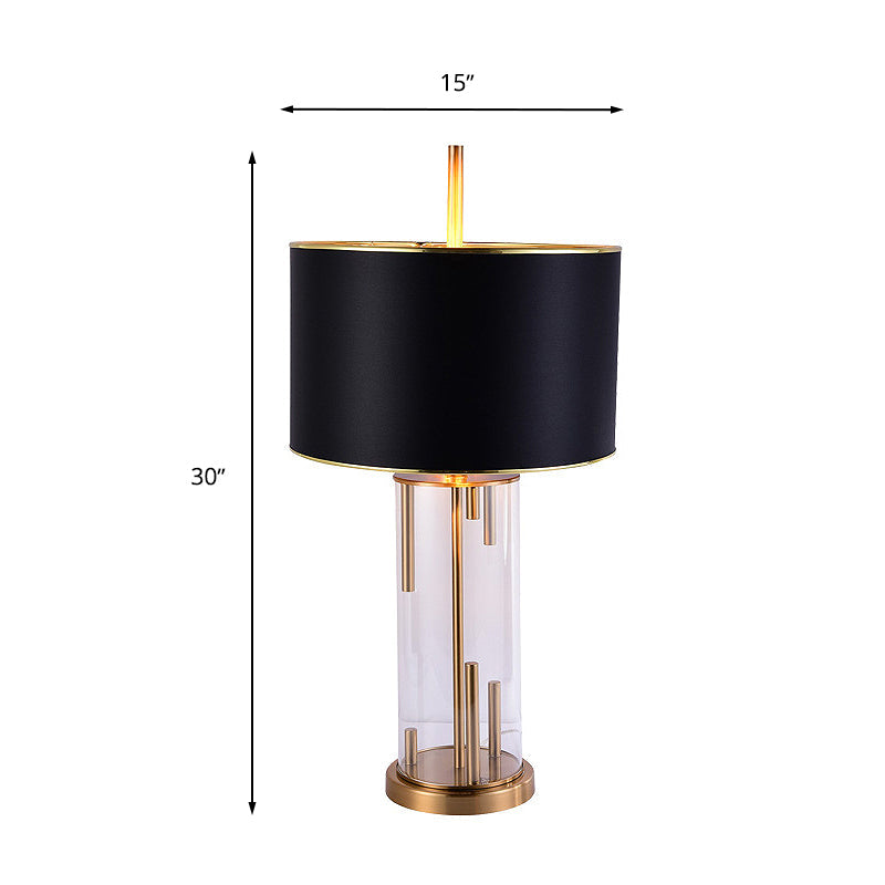 Ludovica - Lampe de chevet en tissu noir avec base en verre transparent - Tambour traditionnel