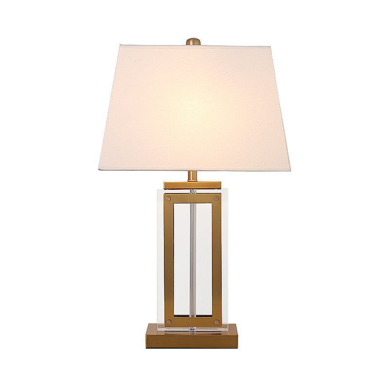 Minimalist White Fabric Nightstand Lamp With Golden Pedestal - Trapezoid Table Lighting