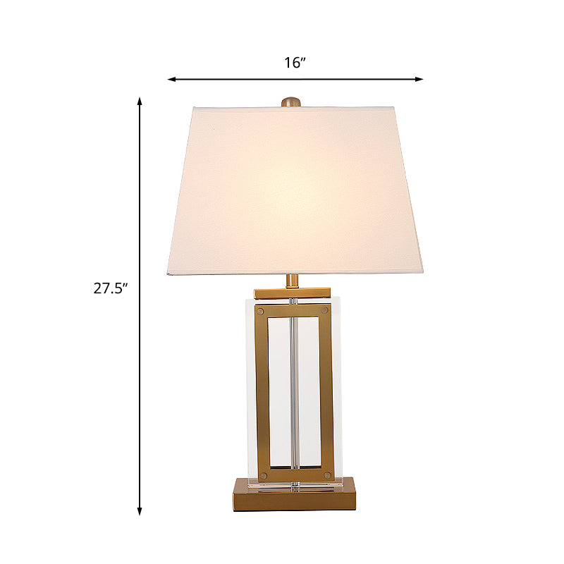 Minimalist White Fabric Nightstand Lamp With Golden Pedestal - Trapezoid Table Lighting