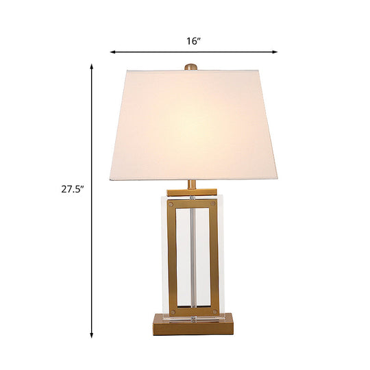 Minimalist White Fabric Nightstand Lamp With Golden Pedestal - Trapezoid Table Lighting