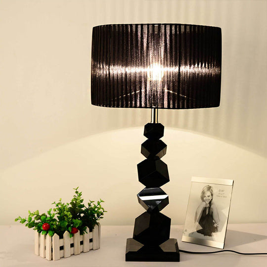 Classic Black Drum Fabric Night Lamp With Crystal Rock Design - Bedroom Table Light