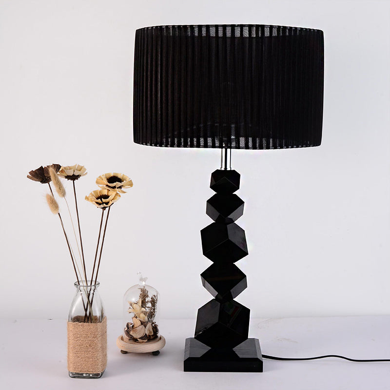 Classic Black Drum Fabric Night Lamp With Crystal Rock Design - Bedroom Table Light