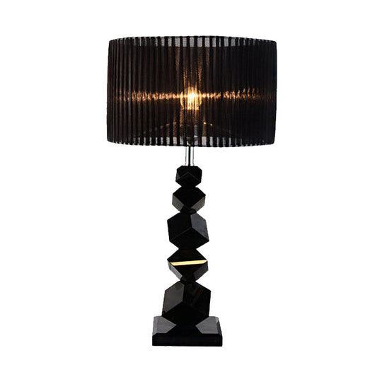 Classic Black Drum Fabric Night Lamp With Crystal Rock Design - Bedroom Table Light