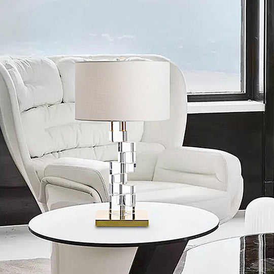 Classic White Table Lamp With Fabric Drum Shade And Clear Glass Block Accent