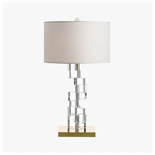 Classic White Table Lamp With Fabric Drum Shade And Clear Glass Block Accent