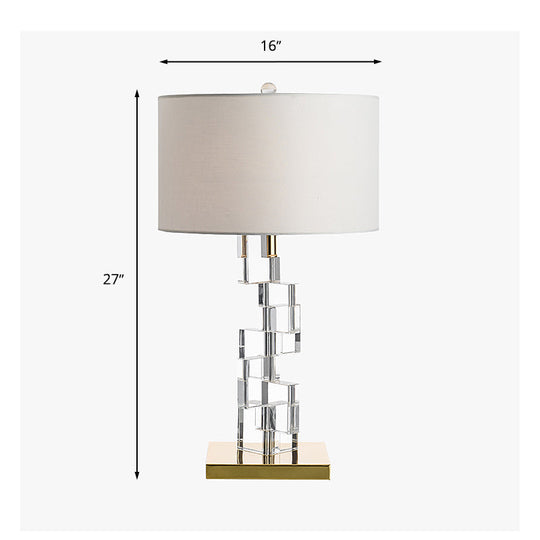 Aubrey - White Fabric Table Lamp with Clear Glass Block Deco