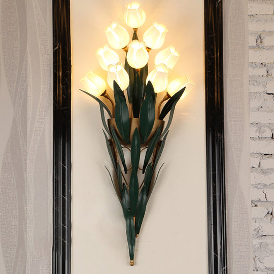 Rustic Lily Bouquet Wall Lamp Kit - 6/10 Heads White/Purple Glass Sconce Light Fixture For Dining