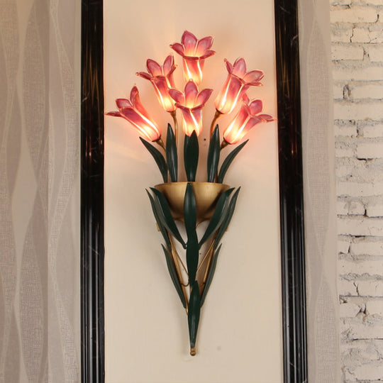 Rustic Lily Bouquet Wall Lamp Kit - 6/10 Heads White/Purple Glass Sconce Light Fixture For Dining